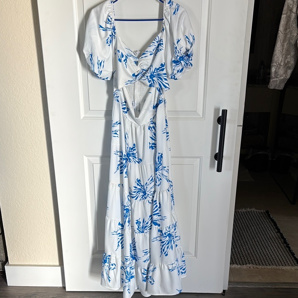 Amazon White and Blue Puff Sleeve Wrap Sundress
